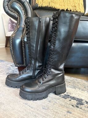Steve Madden Black Lace-Up Knee-High Motto Combat Boots